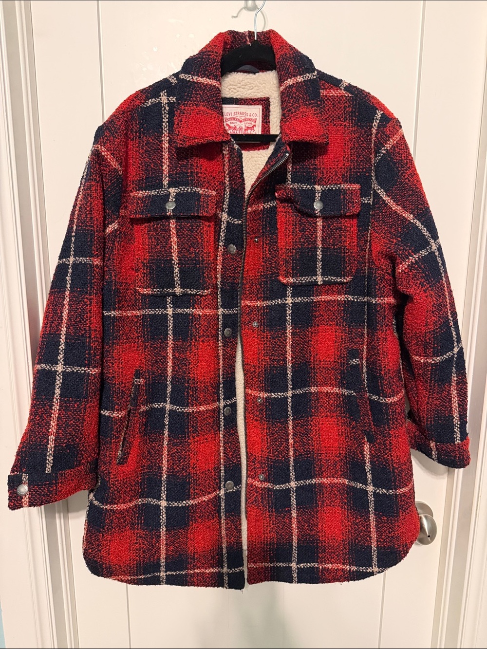 Levi's Red and Navy Plaid Sherpa-Lined Pea Coat Chore Coat Plus Size 1X